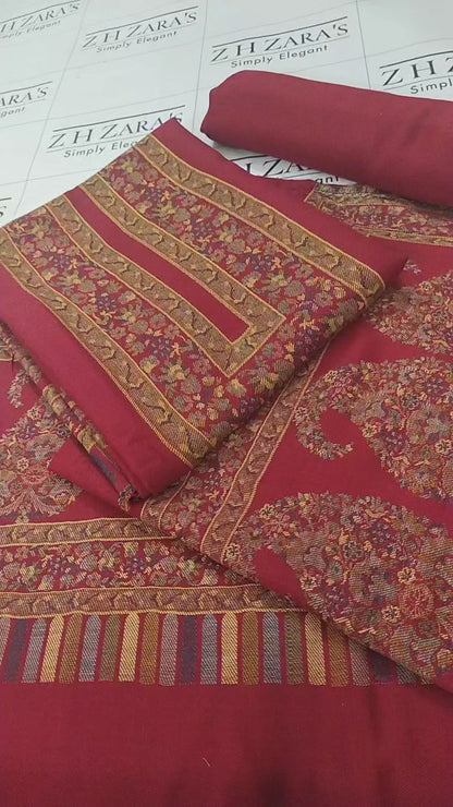 Maroon Jacquard Kani Pashmina 3pc